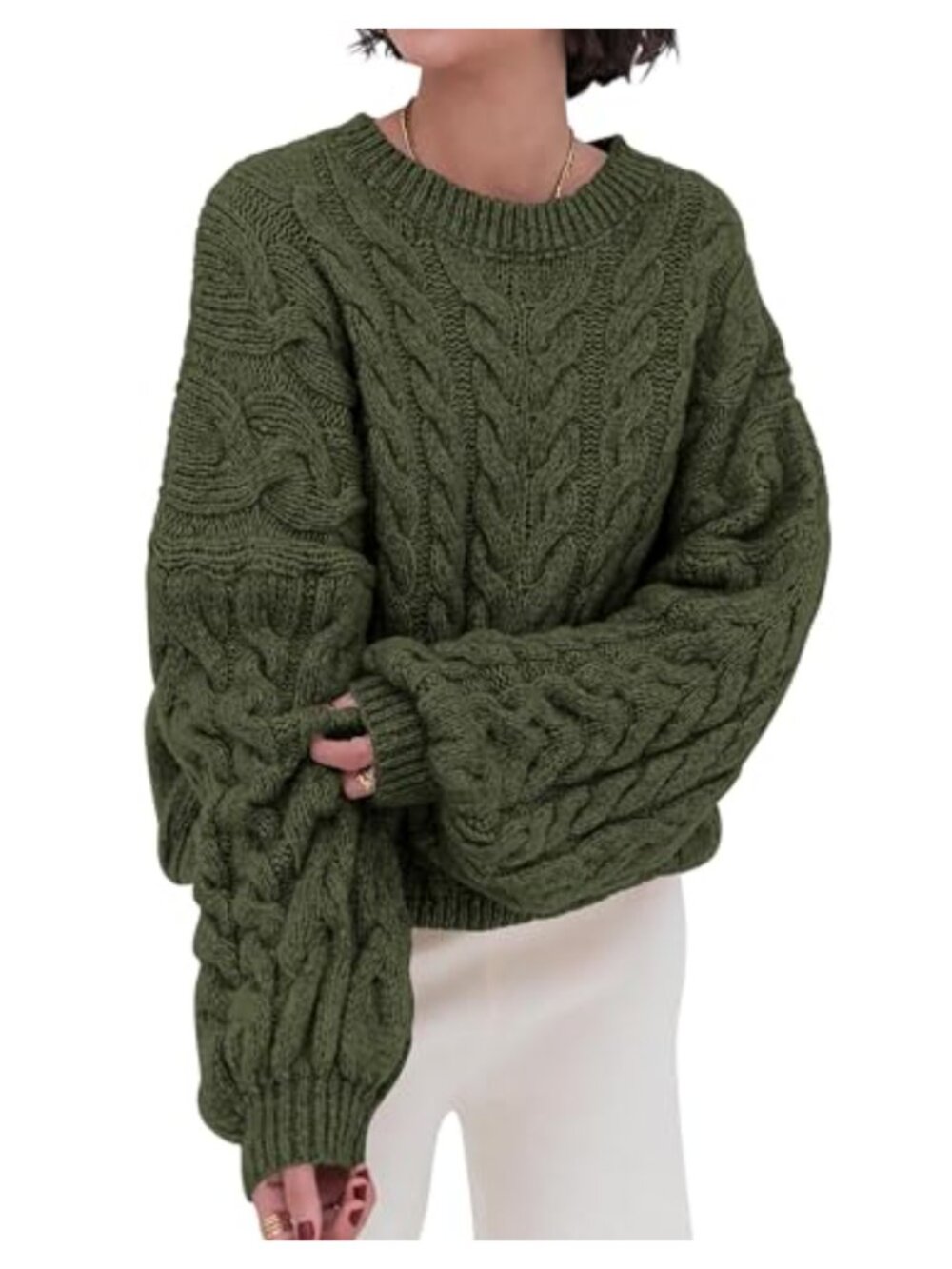 Oversized Cable Knit Sweater Balloon Sleeve Crew Neck Pullover